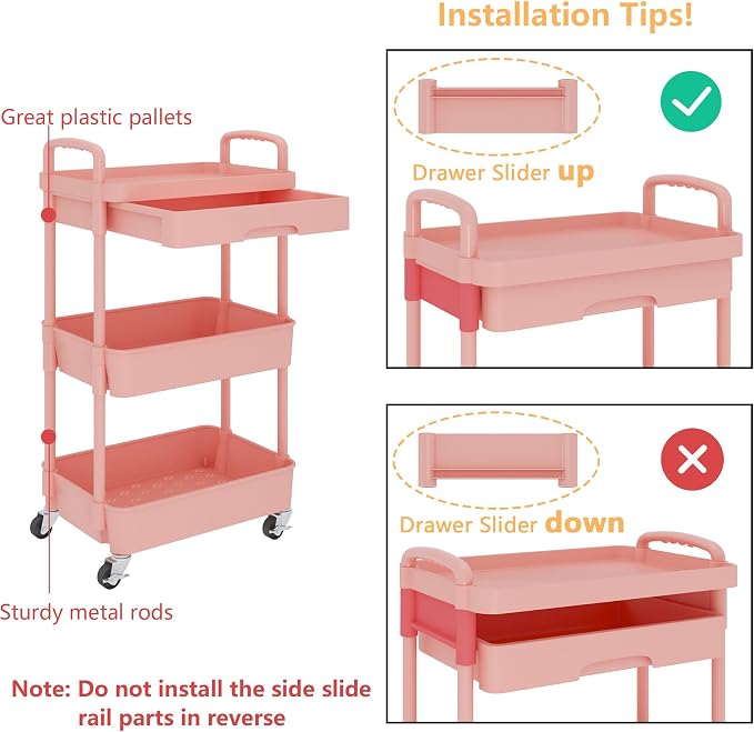 Calmootey 3-Tier Utility Cart with Drawer & Wheels, Storage for Home,Office | Space-Saving Organizer, Sturdy Plastic Shelves, Smooth-Rolling Metal Wheels, Built-in Drawer for Small Items, Pink