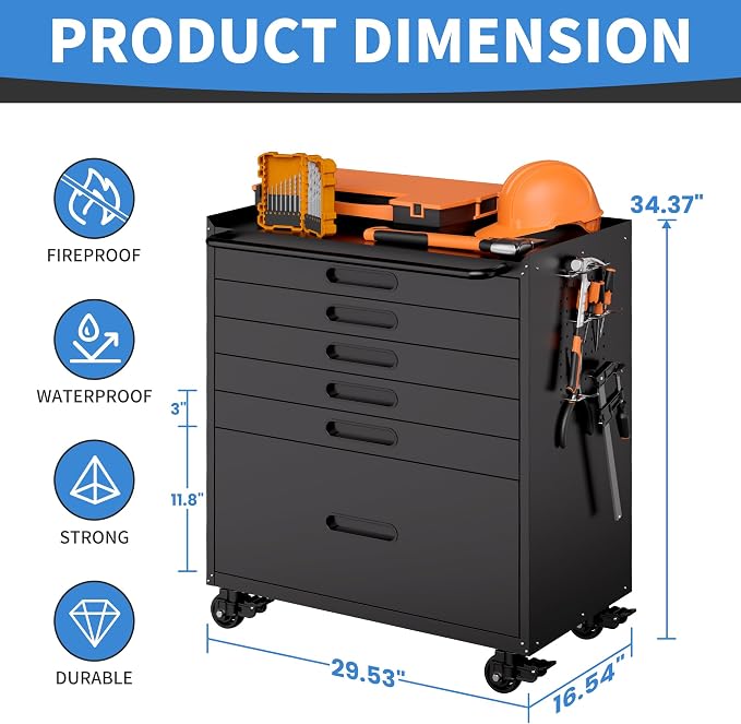 Metal Storage Cabinet for Garage, Tool Cabinet, Utility Cabinet | Wheeled, Rolling Tool Cabinet, 6 Drawers, Top Countertop, Pegboard, Assembly Required, Black