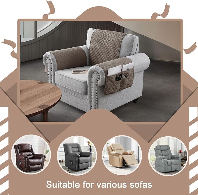 Water-Resistant Sofa Armrest and Headrest Covers with Side Pocket | Keep remotes close quilted polyester helps guard against wear, pet scratches, and kids' messes silicone backing adds grip