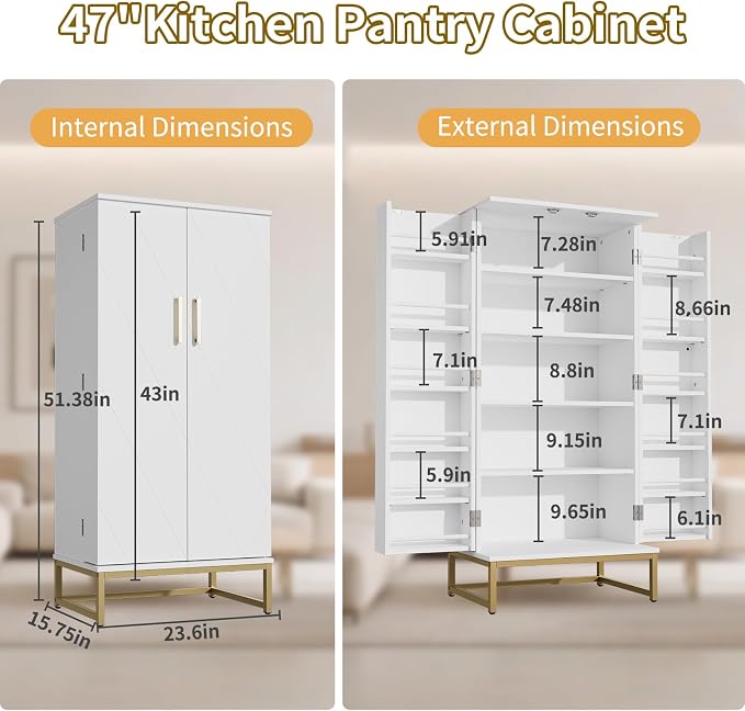 Saudism 51" Dog Food Storage Cabinet with Adjustable Shelves, White | Freestanding Pet Storage Container Organizer for Living Room and Dinning Room
