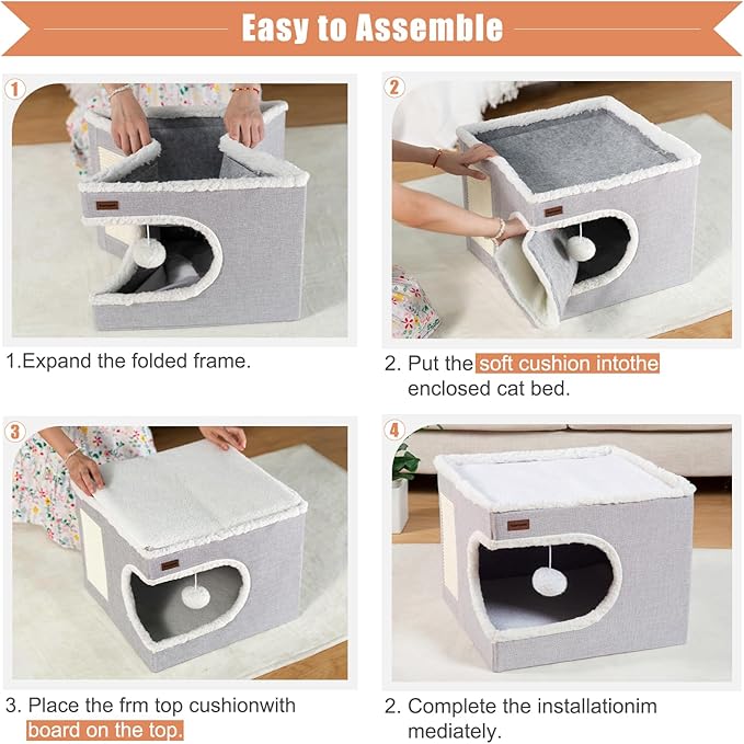 Garnpet Cat Bed for Indoor Cats Cube House, Covered Cat Cave Beds & Furniture with Scratch Pad and Hideaway Tent, Cute Modern Cat Condo for Multi Small Pet Large Kitten Kitty, Grey