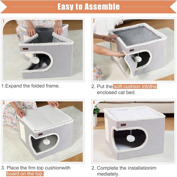 Garnpet Cat Bed for Indoor Cats Cube House, Covered Cat Cave Beds & Furniture with Scratch Pad and Hideaway Tent, Cute Modern Cat Condo for Multi Small Pet Large Kitten Kitty, Khaki