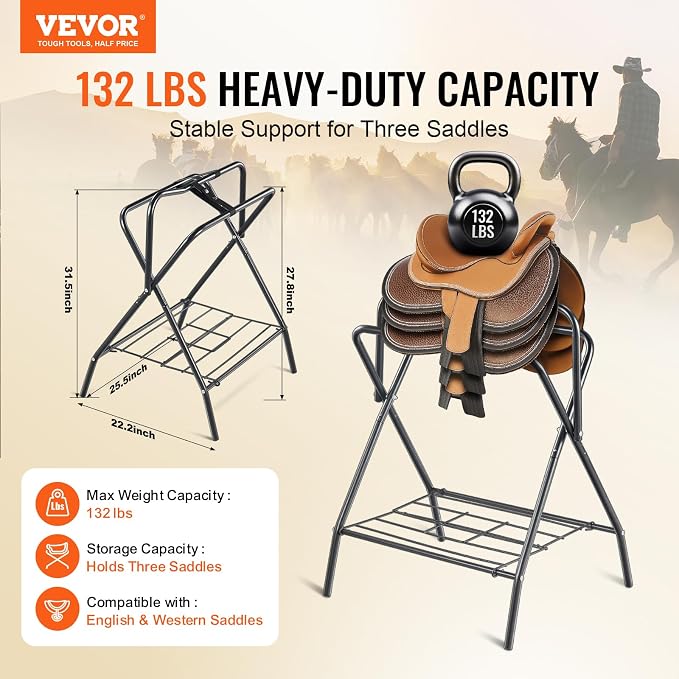 VEVOR Folding Saddle Rack, Freestanding Horse Saddle Stand, Portable Horse Blanket Holder, Heavy Duty Steel Saddle Rack for English & Western Saddles, Tack Storage, 28 x 19 x 37.5 in, Black
