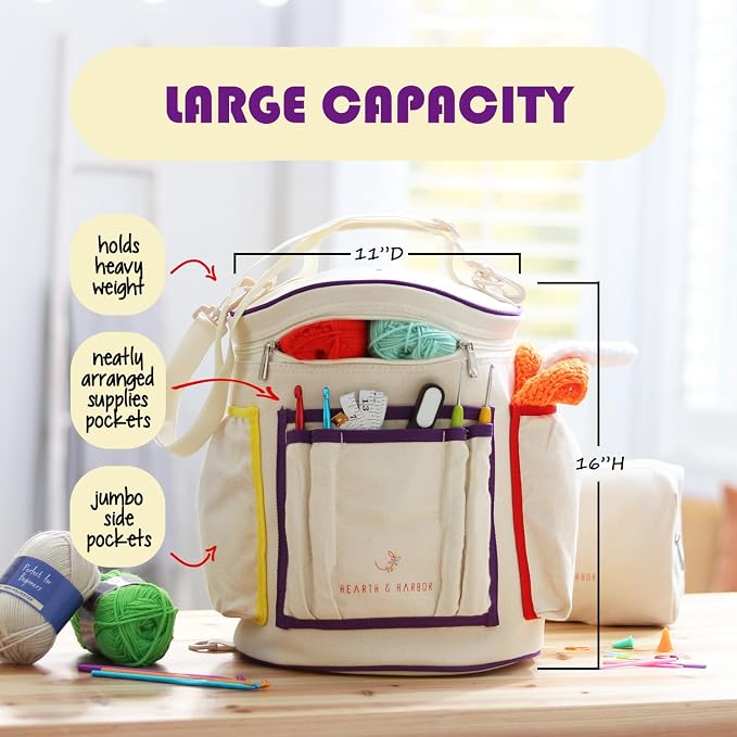 Hearth & Harbor Crochet Bag Organizer – Durable Knitting Bag, Yarn Organizer for Accessories and Supplies, Canvas Yarn Holder, Crochet Carrying Case with Accessories Pouch, Storage Organizer