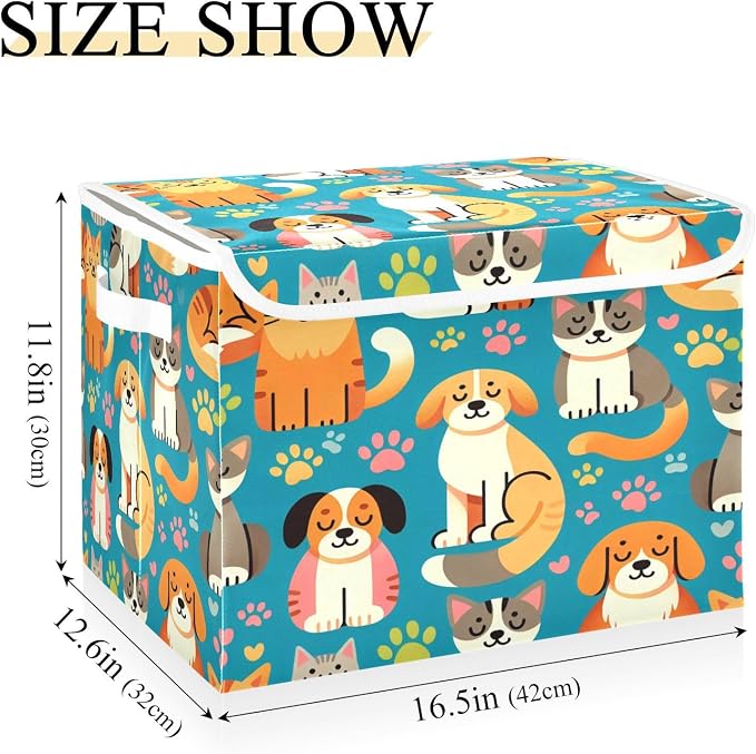 Storage Box Dogs and Cats Storage Bins with Lids, Larger Collapsible Fabric Storage Baskes with Handles for Living Room, Playroom, Bedroom, Nursery 16.5x12.6x11.8 Inch