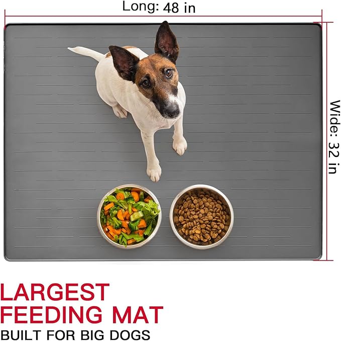 48" x 32" XXXL Largest Pet Food Mat, Silicone Dog Mats for Food and Water, Nonslip Pet Feeding Mats for Floors,Dog Cat Bowl Mat with Raised Edges, Dark Gray