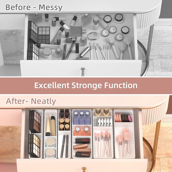 6 PCS Desk Drawer Organizer, Bathroom Drawer Organizer Trays | 12 pcs Dividers Adjustable, 24 Non-Slip Feet, Makeup Organizer Bins for Vanity Clothes Junk Kitchen Utensil, Plastic, White