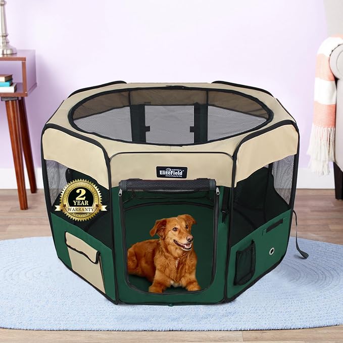 EliteField 2-Door Soft Pet Playpen for Dogs and Cats (2-Year Warranty) | 600D Fabric, Washable Floor Mat & Top Cover, Indoor/Outdoor, Carrying Bag, Ground Stakes, Zipper Locks