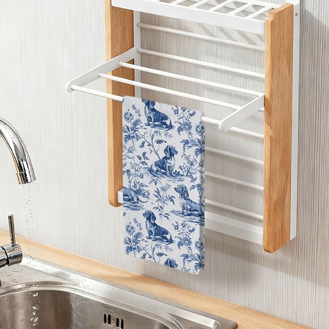 Dachshund Kitchen Dish Towels,Blue and White Floral Dog Towel Dish Tea Towels, Chinoiserie Decor for Kitchen Bathroom,Weiner Gifts for Dog Lover Mom Dad,16x24 Inch
