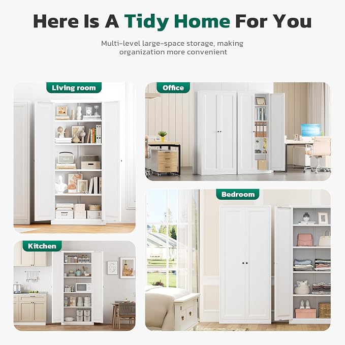 Greenvelly Metal Storage Cabinet, 63" H White Metal Storage Cabinet with Doors and 4 Shelves, Steel Cabinets for Living Room, Office, School (White - Modern)