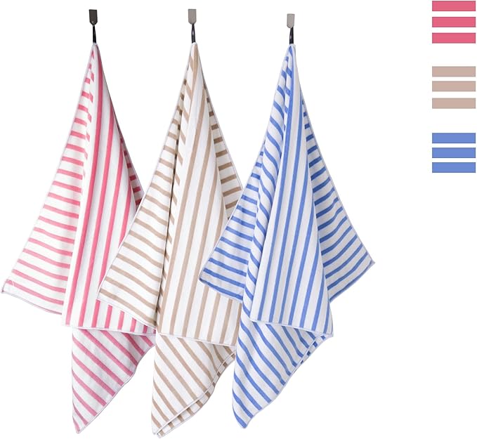 JML Beach Towels, Microfiber Bath Towel Set, Absorbent and Quick Dry for Adults, Travel, Summer, Sport, Swimming, Pool, Yoga, Camping, 6 Pack, 30" x 60", Cabana Stripe Coffee and White