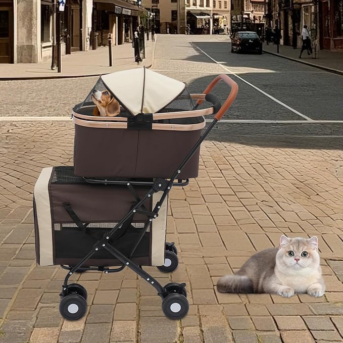 Double Dog Stroller for 2 Small & Medium Pets, Double Pet Stroller with Detachable Carriers, Foldable Dog Stroller for 2 Dogs, Two-Seater Carrier Dog Walk Jogger Travel Pet Carriage Cart (Coffee)