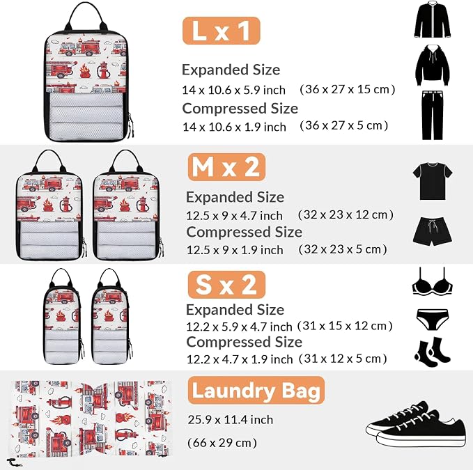 Fire Truck Compression Packing Cubes Transportation 6 Set Travel Packing Cubes for Suitcases Lightweight Expandable Organizers