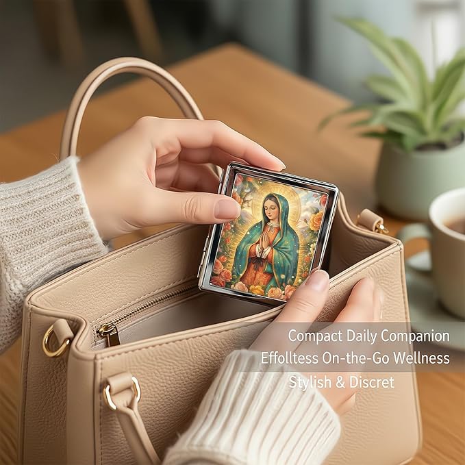 Weekly Pill Organizer, Metal Pill Box with 8 Compartments, Small Travel Pill Case for Purse Pocket, Medicine Vitamin Supplement Organizer (Rose Madonna)