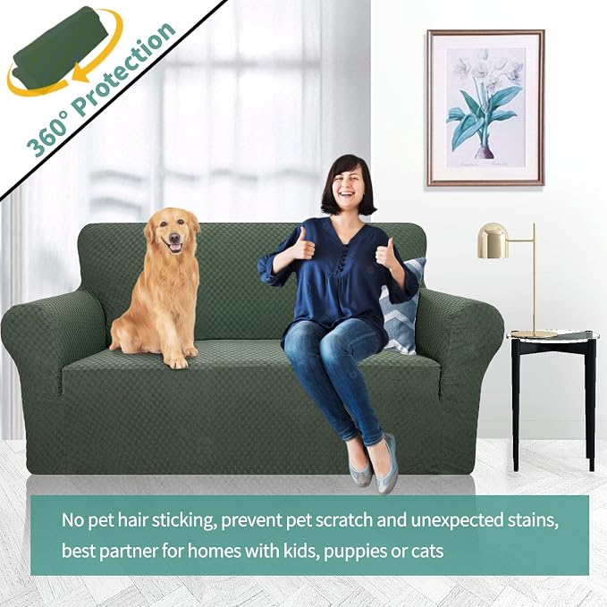 YEMYHOM Couch Cover Latest Jacquard Design High Stretch Sofa Covers for 2 Cushion Couch, Pet Dog Cat Proof Loveseat Slipcover Non Slip Magic Elastic Furniture Protector (Loveseat, Army Green)