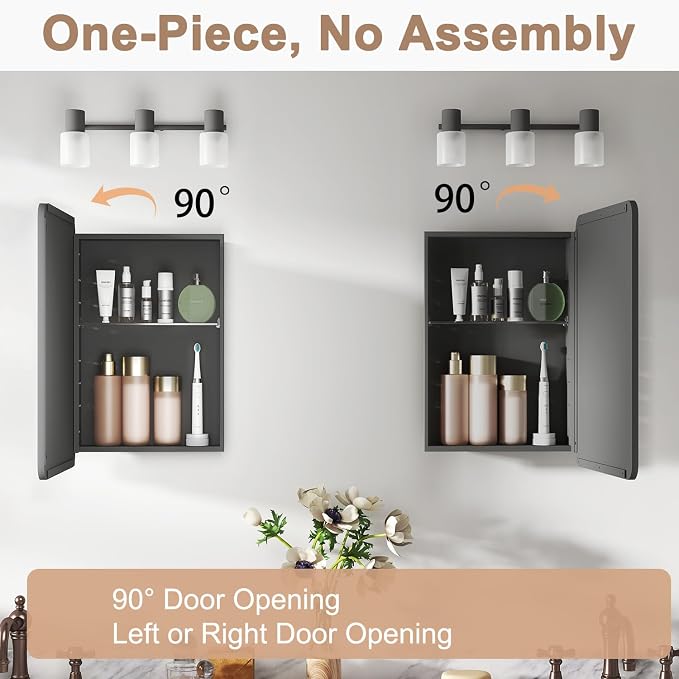 14x18 in Medicine Cabinet with Mirror for Small Space, Matte Black | Fully Assembled; Recessed or Surface Mount; Metal Construction with One Adjustable Glass Shelf for Flexible Storage