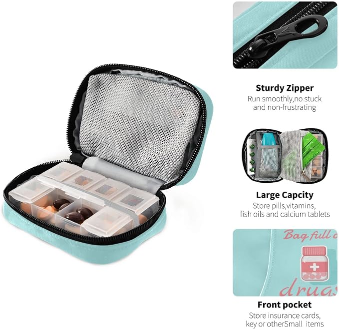 Pill Organizer Pill Box 7 Day Pill Case Bag Travel Pill Organizer Bag with Zipper Portable Weekly Case Compact Size for Vitamins Supplement Holder