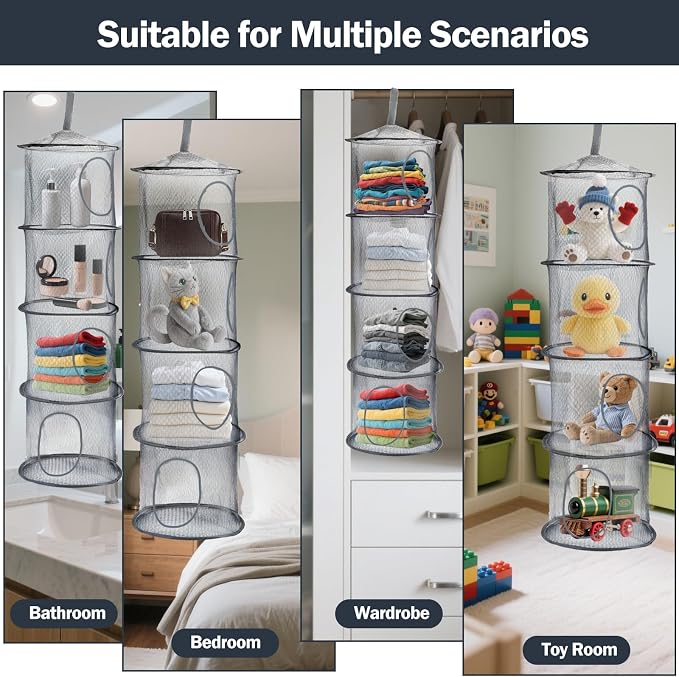 2PCS Hanging Mesh Storage Net, 4 Tier Stuffed Animal Storage with Hook | Grey, Polyester Material, Flexible and Breathable, Space Saving Organizer for Toys Clothes