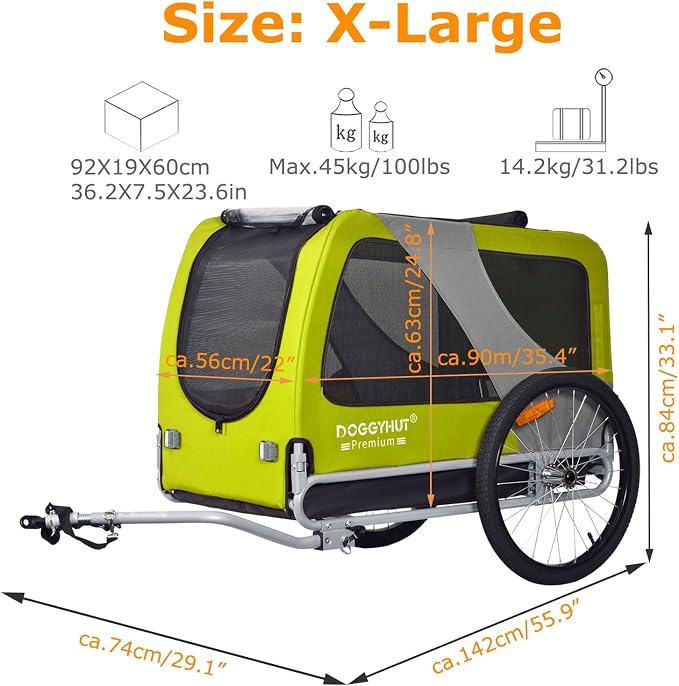 DOGGYHUT® Premium XL Pet Bike Trailer, Up to 100 lbs (Lime Green) | Bicycle Trailer for Small Medium or Large Dogs, Dog Bicycle Carrier, Low Center of Gravity, Folding Frame Cart