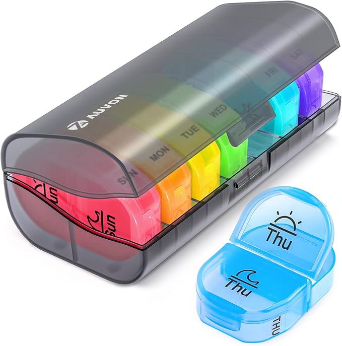 AUVON Pill Box 2 Times a Day, 7-Color for Easy Tracking, Dual Protection | Weekly Pill Organizer AM PM with 7 Daily Pocket Case to Hold Vitamin, Medicine, Medication, and Supplement, BPA-free