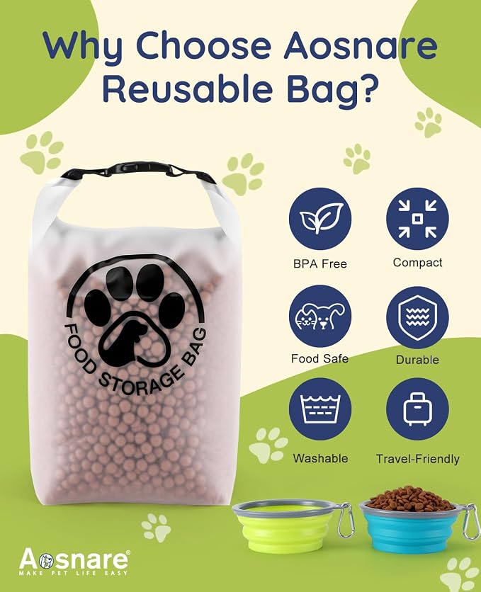 Pet Food Storage Bag for Travel - Transparent Leak-Proof Dog Food Container with Roll-Top Closure, Keeps Kibble Fresh for Camping Trip, Dog Boarding, Weekend Getaways (14 Cups+bowl)