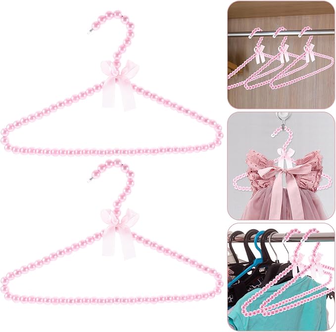 MAGICLULU 2 Pack Beaded Hangers for Kids, 11.8 x 7.5 Inch Pink Plastic Baby Clothes Hangers with Bow, Non Slip Toddler Nursery Closet Organizer for Girl Dress, Dog Pet Apparel