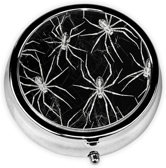 White Black Spiders Portable Pill Organizer | 3 Compartment, With Mirror, For Men Women, For Daily Supplements, Vitamins, Fish Oil, Jewelry, Candy, Travel