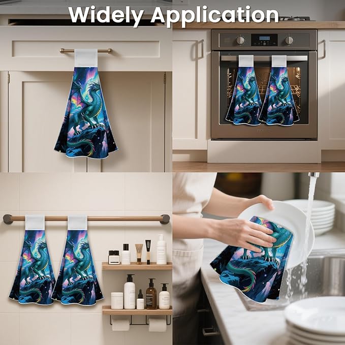 CUTHOLLOW Aurora Dragons Hanging Kitchen Towels with Loop, Set of 2 - Soft & Super Absorbent Microfiber Decorative Hanging Dish & Hand Towel, Tea, Coffee Towel for Kitchen Bathroom Oven Handle