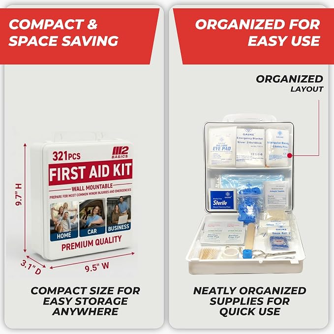 M2 BASICS 321 Piece Premium First Aid Kit, w/Hard Case for Home, Business | Office, Workplace, Warehouse, Vehicle, Jobsite, Garage, Family, Classroom, School, Kitchen, RV And Emergency Readiness