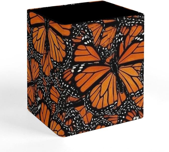 Pu Leather Pens Pencils Holder Cup for Men Women Square Makeup Brush Holder Desk Accessories Heaps Of Orange Monarch Butterflies Container Box for Office Supplies