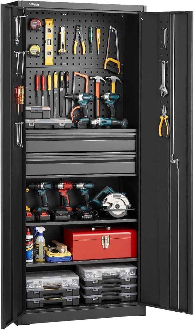 VEVOR Metal Storage Cabinet, 180 lbs Shelf Load Capacity, 70.87" Tall Garage Tool Storage Cabinet with 2 Locking Doors, Adjustable Shelves, 2 Drawers, Pegboard, for Garage, Home, Office, Utility Room