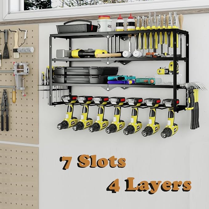 AZERPIAN Power Tool Organizer Heavy Duty Wall Mount Drill Tools Holder | Garage Wall Mount Tool Rack, Workshop Metal Cordless Tool Shelf, 3 Layers Utility Storage Racks for 7 Drill Holders