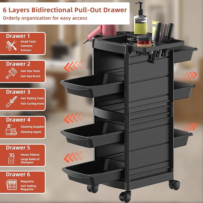 7-Layer Salon Trolley Cart with 6 Drawers for Hair Stylist | Professional Salon Rolling Cart with Wheels, Portable Barber Station with Extra Storage Space for Barber,Tattoo