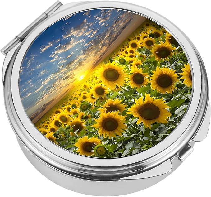 Small Pill Box 3 Detachable Compartments Pill Case with Mirror 2.4inches Pocket Round Medicine Organizer, Mini Portable Pill Organizer for Pocket Purse& Travel Convenience-Sunflower