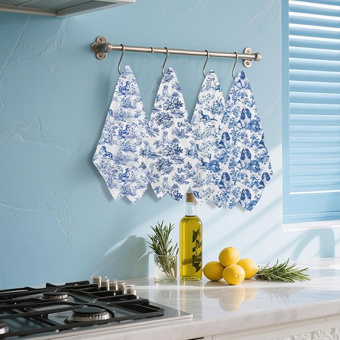 4Pcs Chinoiserie Dog Kitchen Towels, Blue and White Floral Botanical Dish Tea Towels, Grand Millenial Dog Lover Gifts Hand Towel for Kitchen Bathroom Decor, Golden Retriever Cavalier Spaniel Dachshund