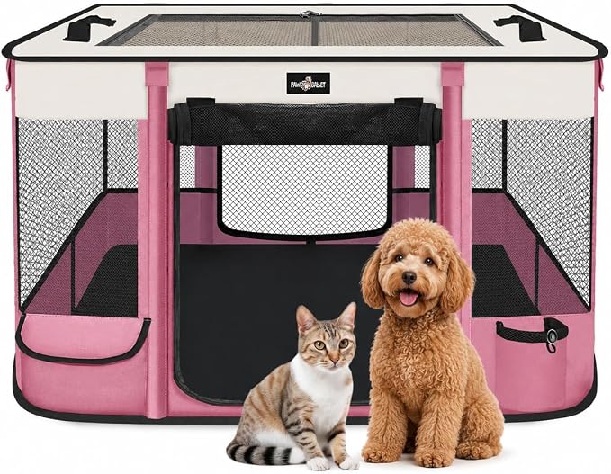 Paw Ballt Foldable Pet Kitten Playpen, Upgrade Waterproof Portable Cat Dog Playpen Kennel Tent for Small Cat Dog, Retractable Shade Cover with Free Carrying Case, Indoor Outdoor Use for Small Pet.