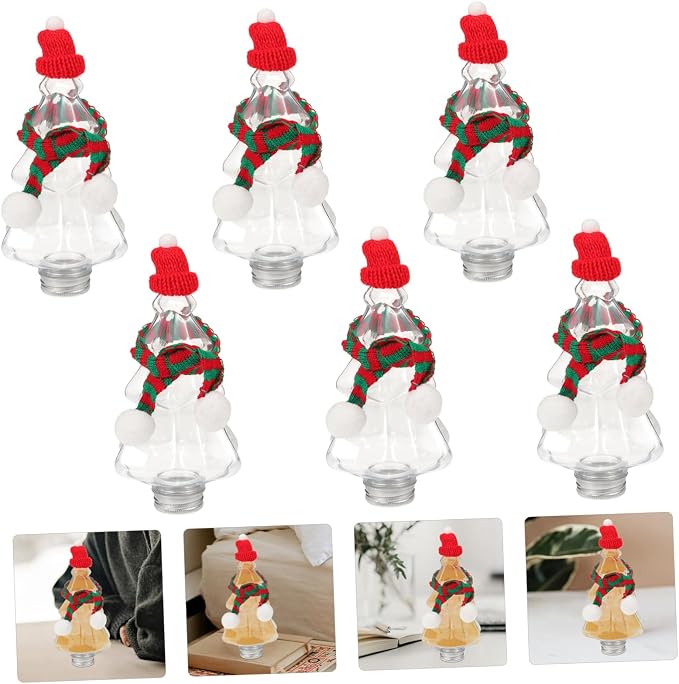 COLLBATH 6set Christmas Tree Shaped Candy Containers Caps Reusable Small Tea Bottles for Holiday Decoration and Storage of Juices and Sweets