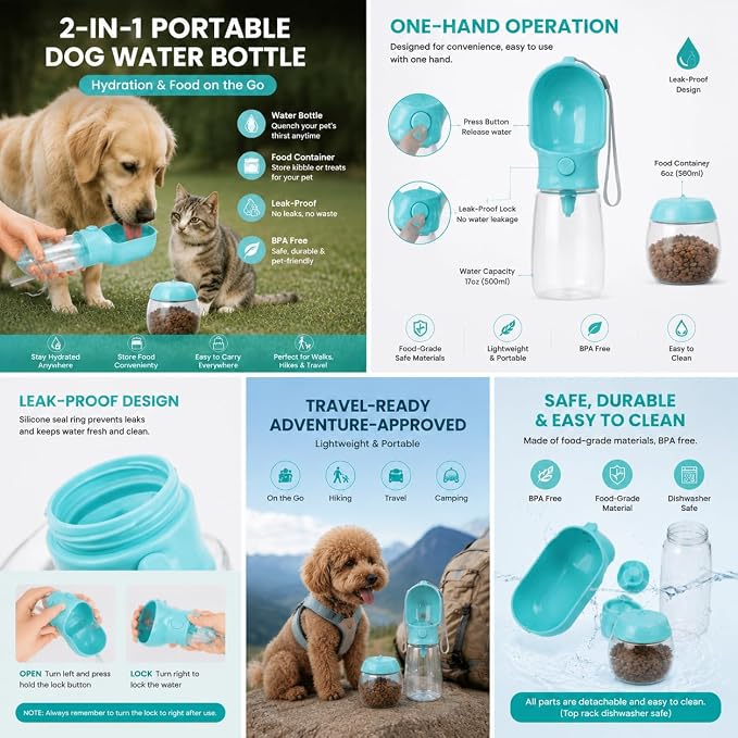 2-in-1 Dog Cat Portable Water & Food Travel Dispenser Bottle(Pink) | 2-in-1 travel pet cup with 500ml water & 180ml food storage, leak-proof portable feeder for dog cat walking hiking trips