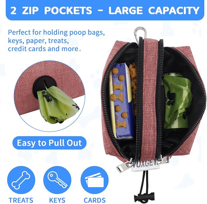 Dog Poop Bag Holder with Treat Pouch, 2 Zipper Pockets & Leash Clip | Waste Bag Dispenser with 1 Roll Poop Bags, Quick Access Treat Storage, Hands-Free Design for Dog Walking, Training & Travel