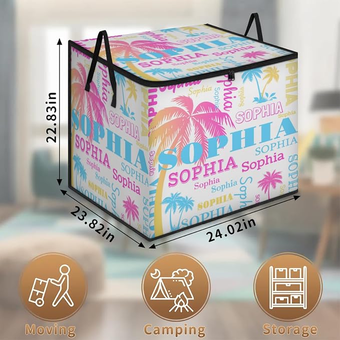 Personalized Extra Large Storage Basket with Lid, Comforters, Bedding Toys Colorful Pink Blue Yellow Palm Trees White Background Storage Bin for Home Basket for Clothes, Moving, Car Trunk