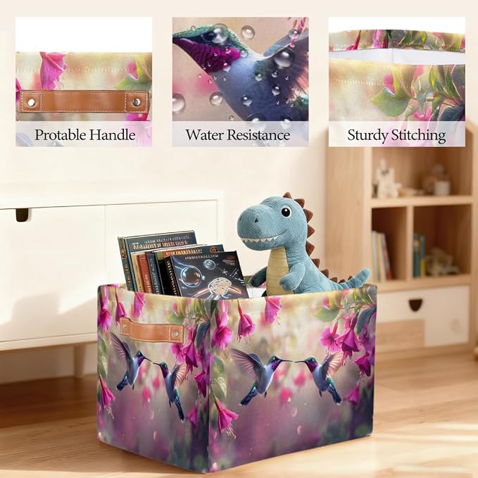 Pardick Storage Baskets Bin, Spring Hummingbird Flower Collapsible Canvas Fabric Storage Bin Decorative Baskets Toy Organizer Rectangle Storage Boxes with handles for Home Shelves Nursery,Q-3