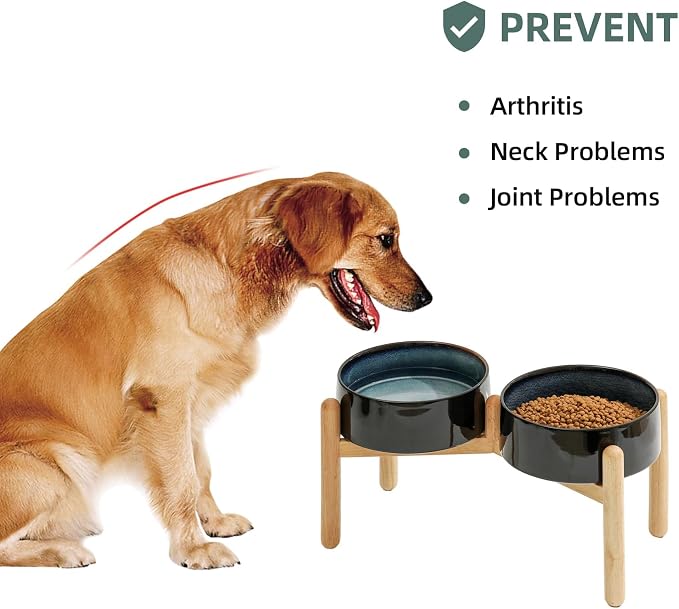 Havniva Ceramic Dog Bowls Elevated, Raised Dog Food Bowl for Large Dogs | 8.3” Elevated Dog Bowls, Non-Slip Wood Stand, Dog Food and Water Bowl Set, Dog Feeding Dish, Large Capacity Pet Water Bowl