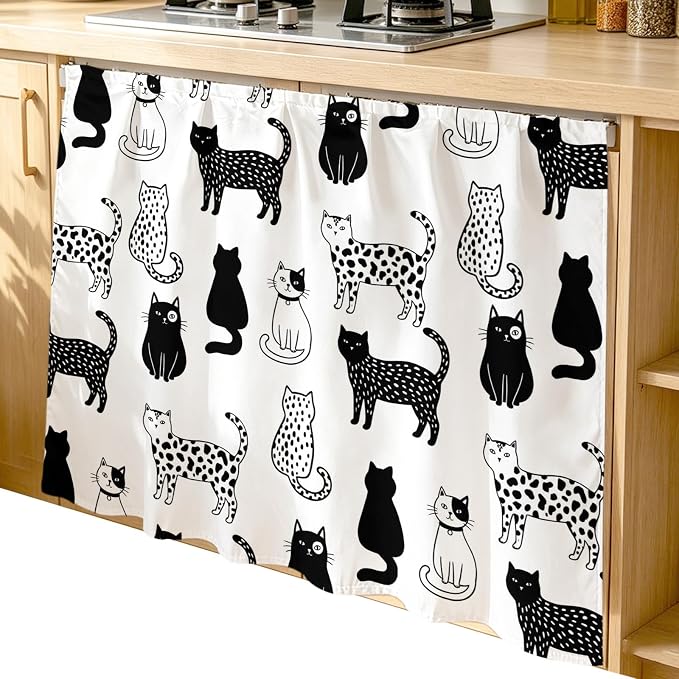Cat Animal Cabinet Curtain 35"Wx35"L,Dustproof Under Sink Skirt with Self Adhesive Tape,Black White Earthy Tone Pet Modern Minimalist Cabinet Curtain Cover for Kitchen Sink,Bathroom Vanity,Laundry