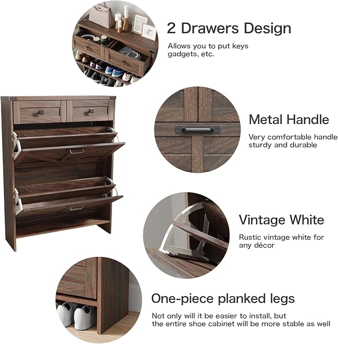 Halitaa Shoe Cabinet with 2 Flip Drawers & 2 Drawers,Farmhouse Shoe Storage Cabinet for Entryway,Slim Freestanding Narrow Organizer Rack for Front Door Entrance,Dark Walnut