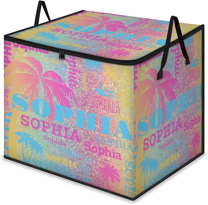 Personalized Storage Bags with Lid Large Blanket Clothes Pink Blue Yellow Palm Trees Colorful Glittering Storage Containers for Comforters,Bedding, Foldable Organizer with Reinforced Handle