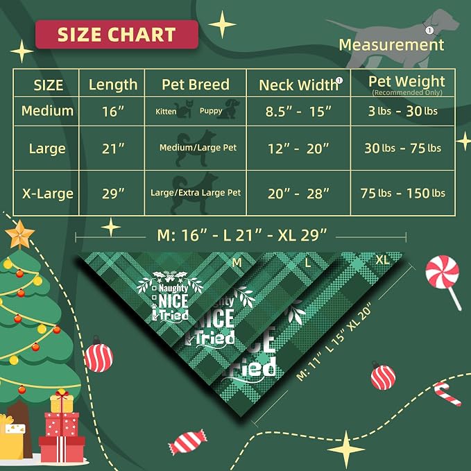 Christmas Dog Bandanas Pets Funny Holiday Costume Gift Xmas Stocking Stuffers - Naughty Nice I Tried, Green Plaid, Extra Large Breed, 75lbs+