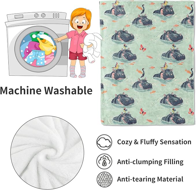 Hippo Blanket,50x60in,Cute Whimsical Water Scene Butterfly and Bird Throw Blankets,Gifts for Kids Adult & Animal Lovers, Lightweight Soft Fleece,for Sofa Couch Bed Room Modern Decor