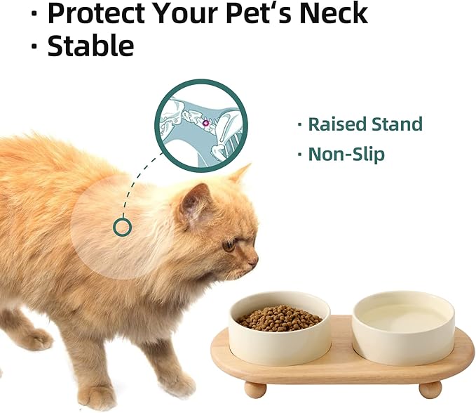 Havniva Ceramic Elevated Cat Food and Water Bowl, Kitty Bowl, Raised Cat Dish, Pet Feeder (5.1 in, 2 xLight Yellow + Stand)