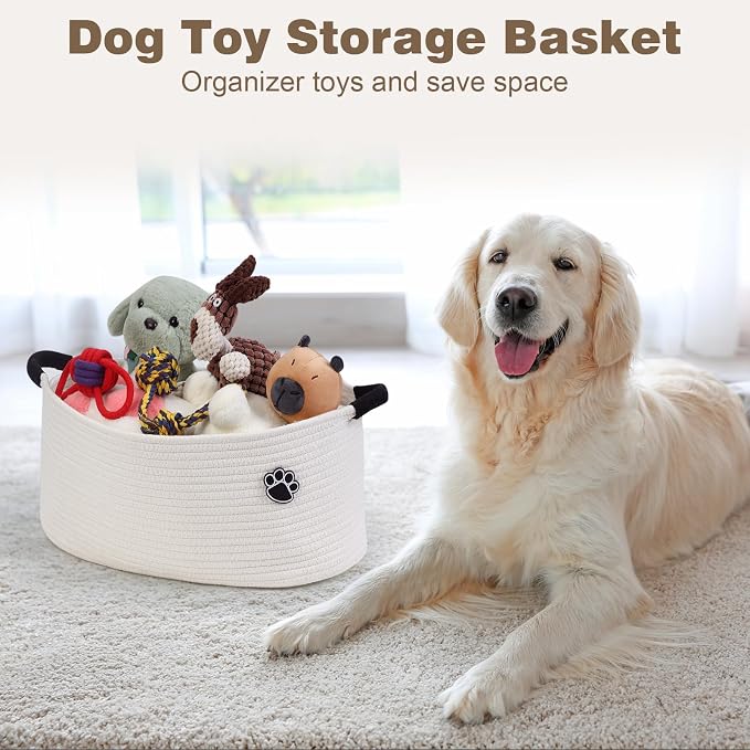 Optish 25L Dog Toy Basket,16.5" x 11" x 9" Medium Toy Storage Box and Bin with Handles, Woven Rope Foldable Basket for Blankets, Living Room, Bedroom, Home Decor, White