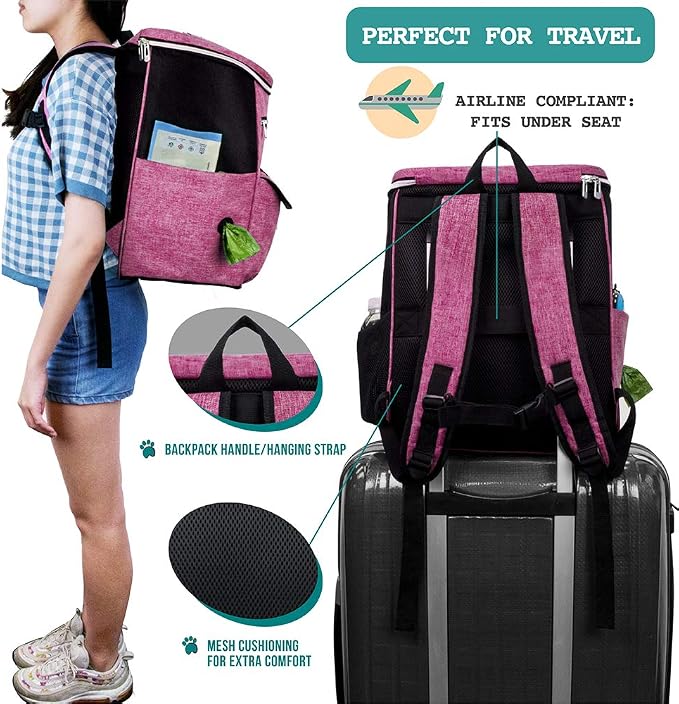 PetAmi Dog Travel Backpack 27L Airline Approved Pet Supplies Bag, Pink | Cat Traveling Suitcase Organizer for Weekend Road Trip Camping; 2 Food Containers, 2 Collapsible Bowls & Poop Bag Dispenser